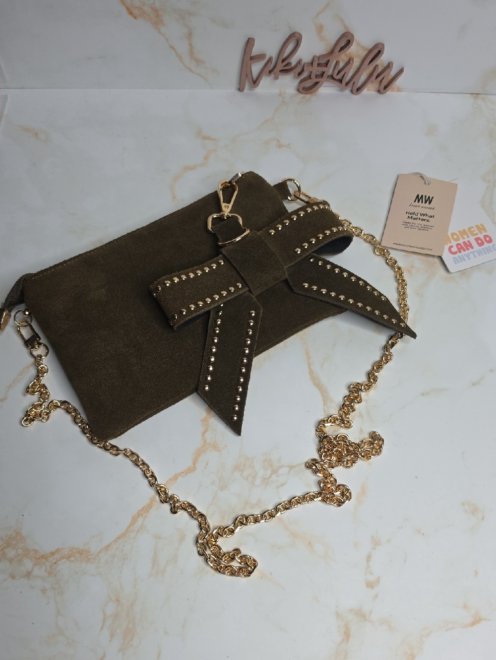 Olive Suede Bow Crossbody Bag with Gold Chain New
